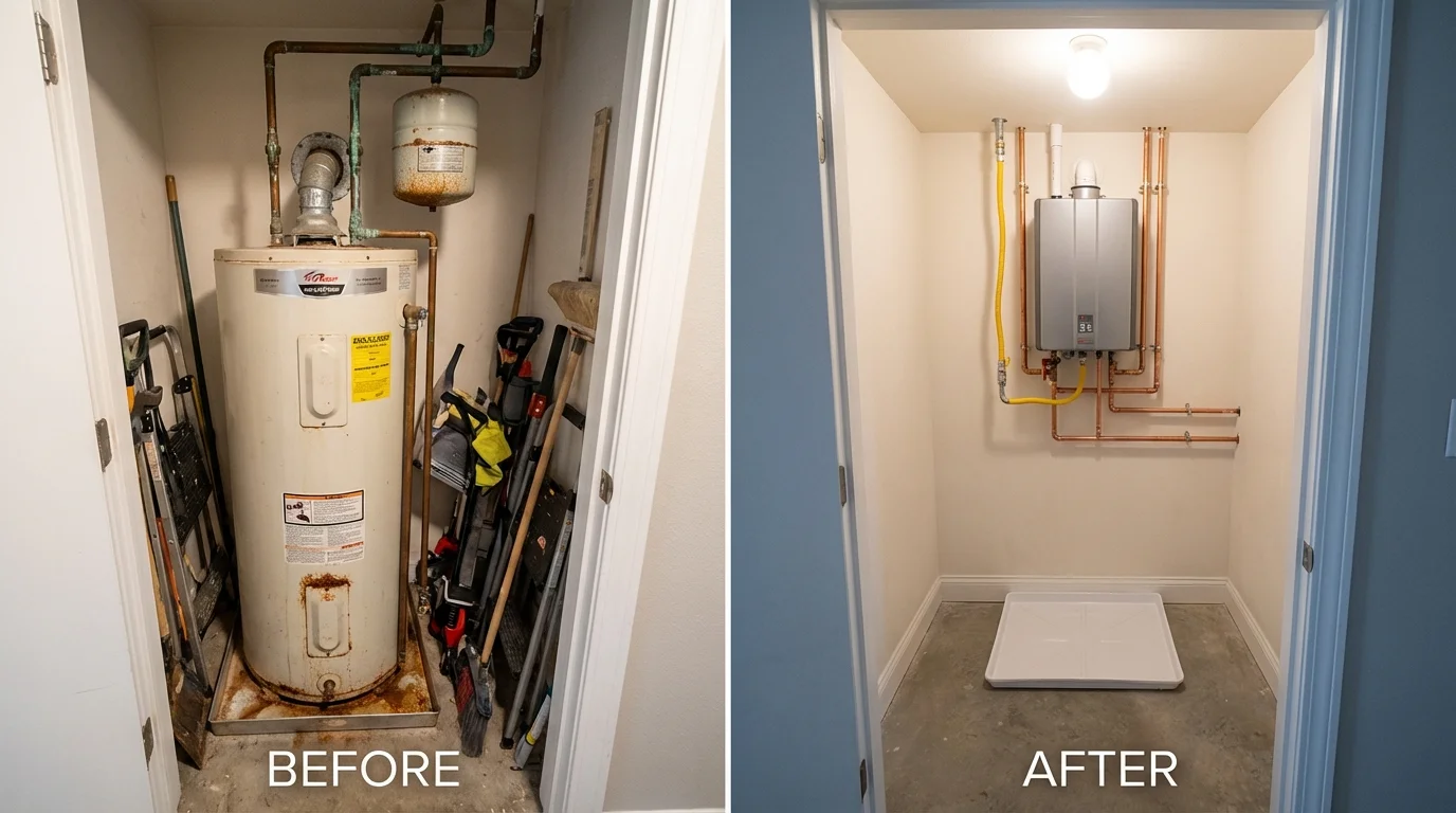 Tank water heater versus wall-mounted tankless unit comparison for Germantown, MD homeowners