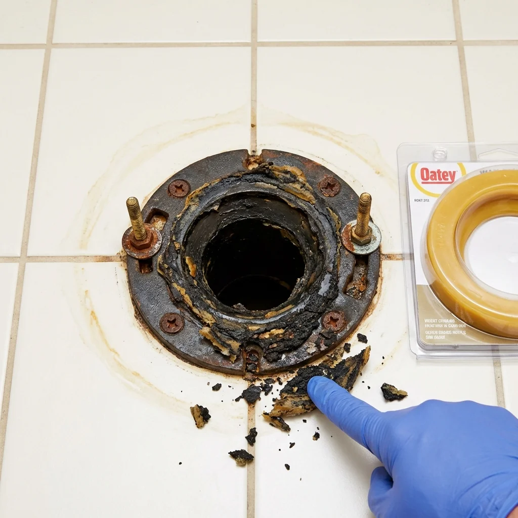 Failed wax ring showing water seepage at the base of a toilet in a Germantown, MD home