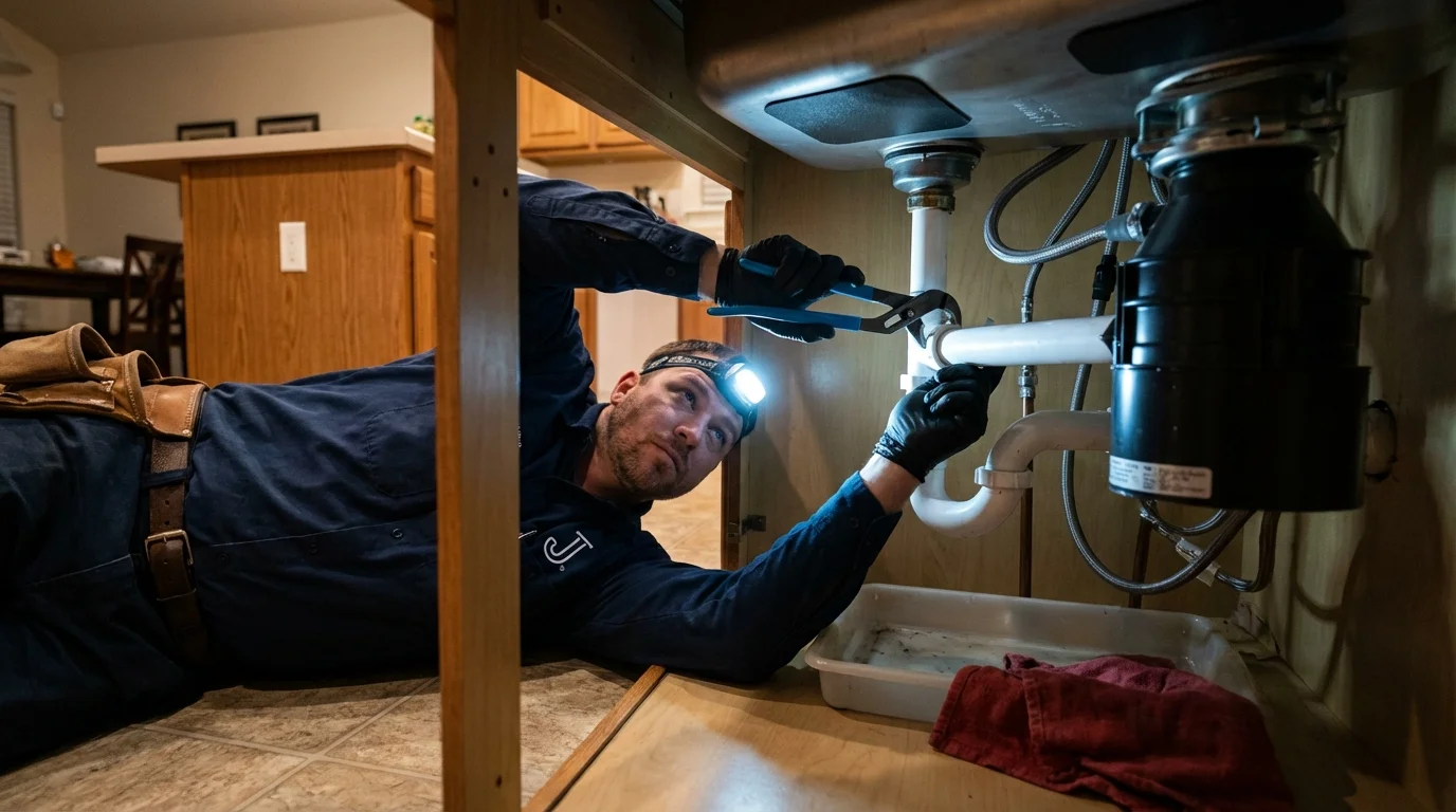 P-trap and supply line connections under a kitchen sink showing a common leak point in Germantown, MD